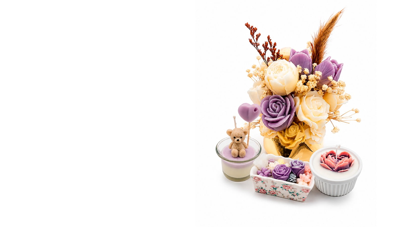 pastel floral bouquet teddy bear candles